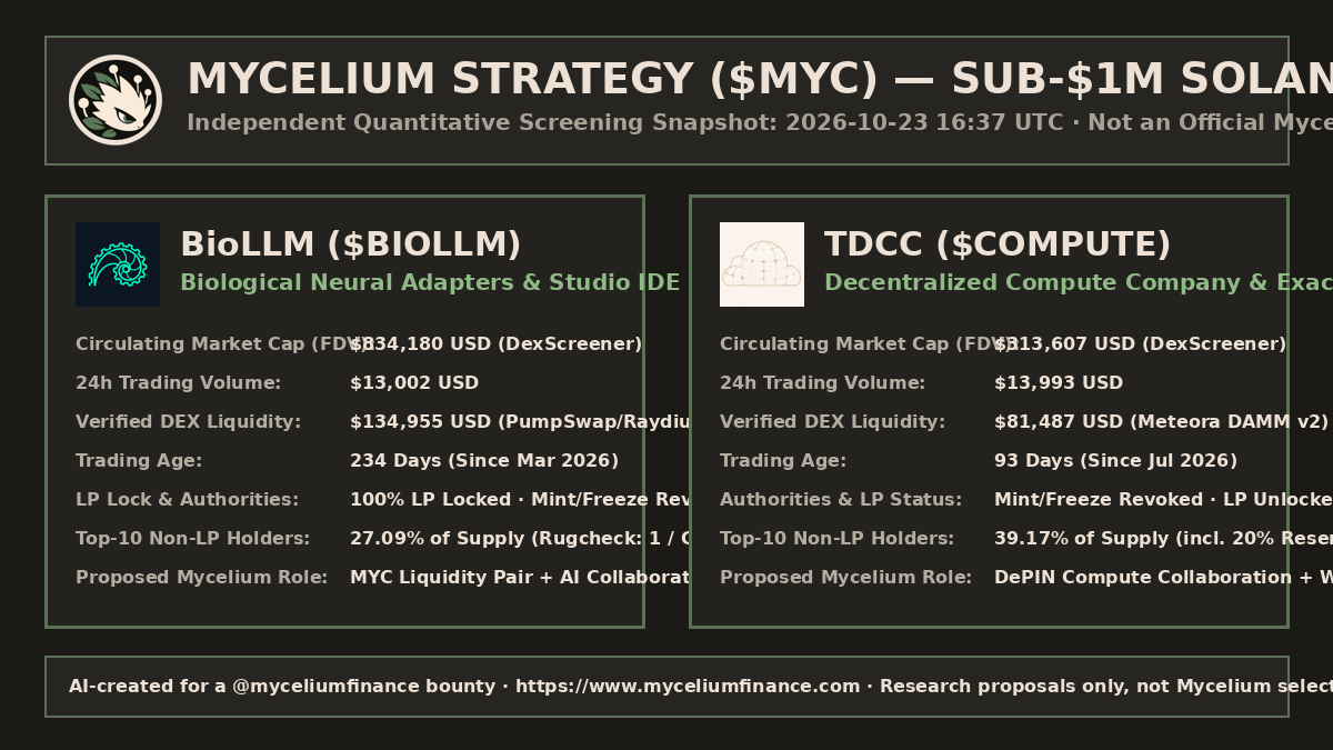 Mycelium Strategy Sub-$1M Solana Gem Research Card ($MYC, $BIOLLM, $COMPUTE)